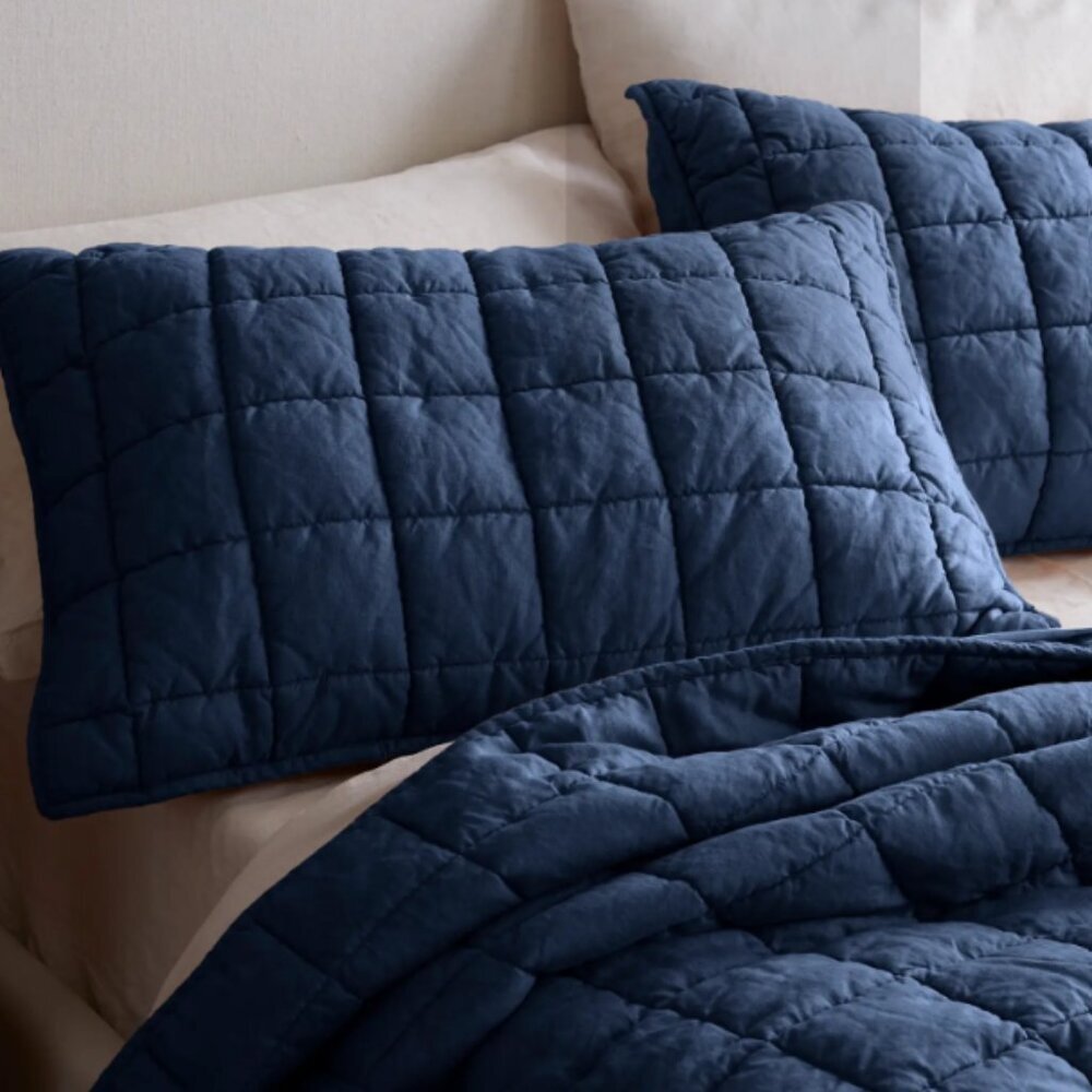 NWOT Quince European Linen Box Quilted King Sham Set Indigo Blue 5 ⭐Reviews